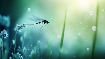 Realistic image of a flying mosquito set against a beautifully blurred natural background