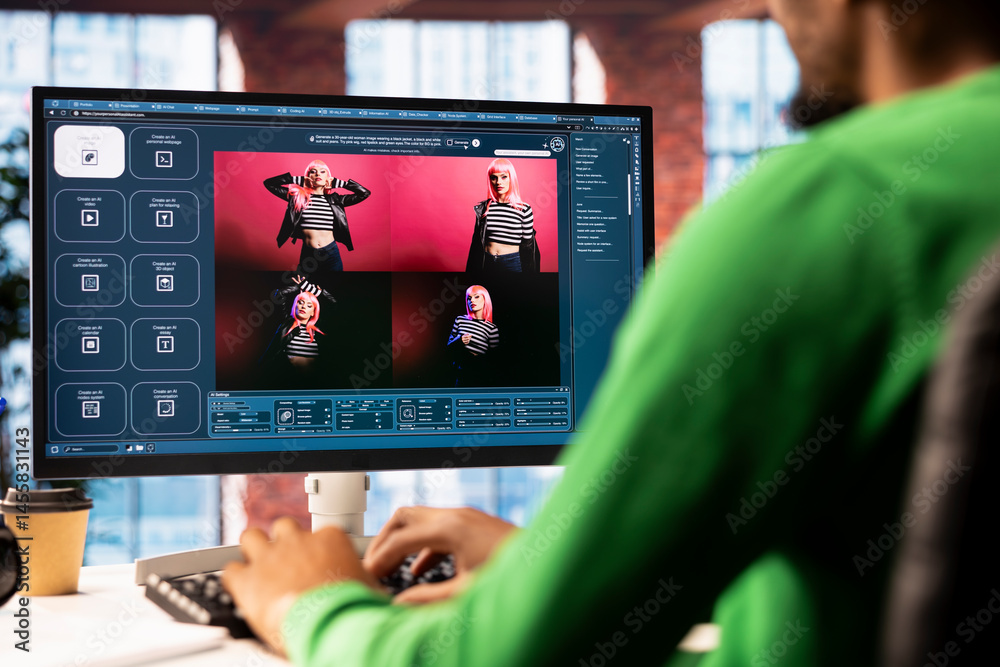 Fototapete Graphic designer designing UX for AI software turning text prompt into photos. IT specialist using machine learning tech to build text to image AI generative models, close up shot