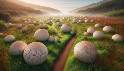 Giant Puffball Field Path A track winding through a field dotted