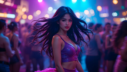 Naklejka premium Stunning Woman with Flowing Hair in Vibrant Nightlife Scene