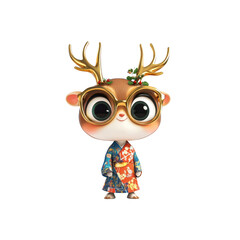 Naklejka premium Adorable Cartoon Reindeer in Kimono with Golden Antlers and Glasses