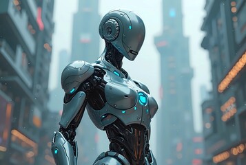 Futuristic human robot with blurry futuristic city background. Generate AI