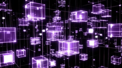 Abstract floating luminous purple boxes futuristic cyberspace network virtual reality background concept for technology innovation design