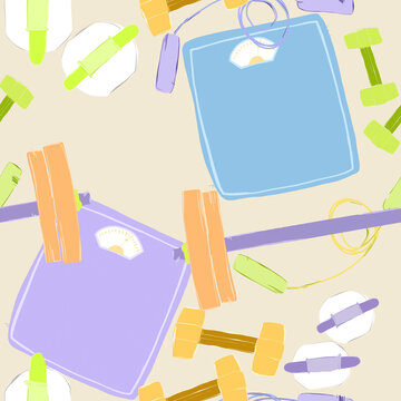 Colorful fitness equipment illustration with scales and weights
