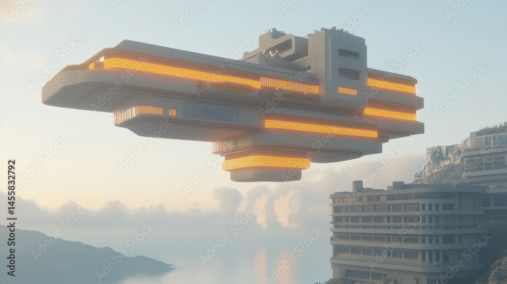 Fototapete futuristic voxel architecture fantasy craft flying over a misty landscape with pixelated buildings a