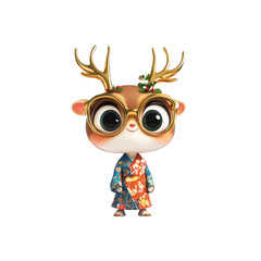 Naklejka premium Adorable Anime-Style Deer in Kimono with Golden Antlers and Glasses