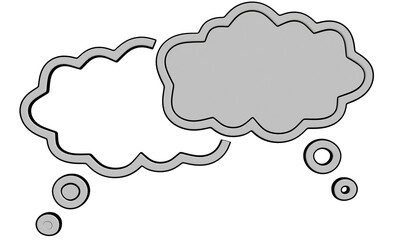 Two thought bubbles, one light gray, one dark, with small circles