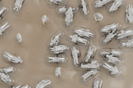 Abstract art installation with miniature figures in capsules