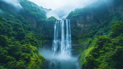 Fototapeta premium A majestic waterfall cascading down a rocky cliff face, surrounded by lush greenery and mist in the air.
