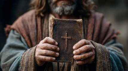 Bearded man in robe holding old leather Bible with wooden cross on cover.