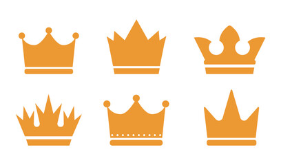 Set of gold crown icons. Collection of crown awards for winners, champions, leadership. Vector isolated elements for logo, label, game, hotel, an app design. Royal king, queen, princess crown.