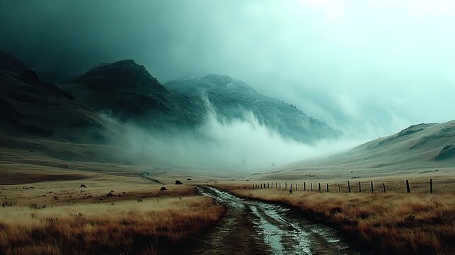 A mysterious fog rolling across a desolate moorland, creating an eerie and atmospheric scene.