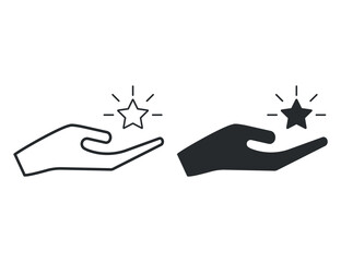 Set of hand holding star icon. Person award sign. Service quality. Client rating. Best rating. Winner prize. Vector illustration isolated on white background. Eps 10.