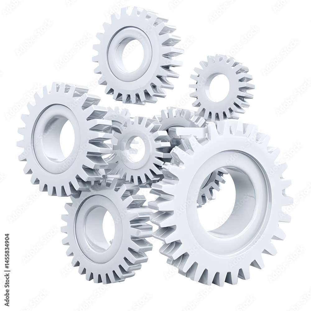 Poster interconnected gears creating dynamic mechanisms in motion