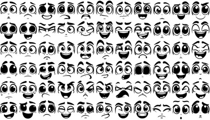 Cartoon face icon set with 66 black and white expressions. Includes happy, sad, angry, surprised, and funny emotions. Perfect for emoji packs, comics, UI design, and character art.