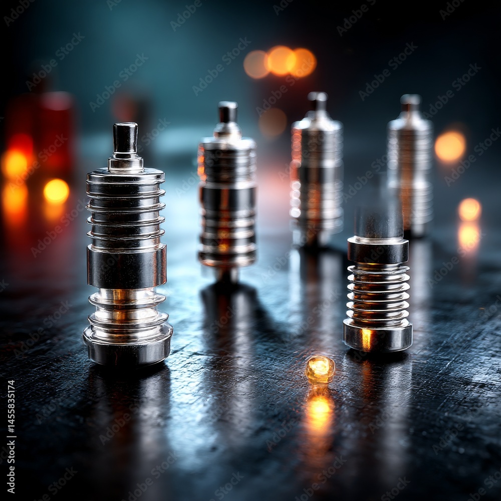 Fototapete abstract metal structures on dark surface with bokeh lights, reflective and futuristic design displa
