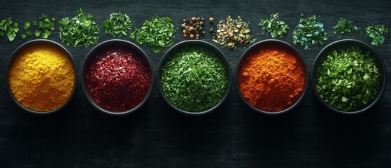 Colorful spice powders and herbs in dark bowls.