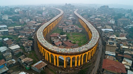 Fototapeta premium Aerial view of a large, yellow, arch-supported highway looping through a dense city, covered with discarded items
