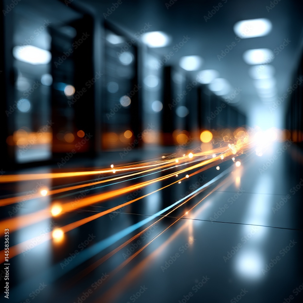 Leinwandbilder data center light trails: abstract representation of information flow in a server room environment.