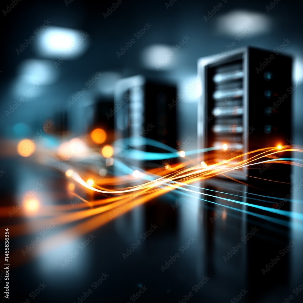 Aufkleber Data Center Servers with Abstract Light Trails: High-Speed Network Communication and Technology Infrastructure 