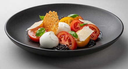 Elegant cheese and tomato appetizer on dark plate for gourmet restaurant promotion, food photography portfolio, or culinary magazines
