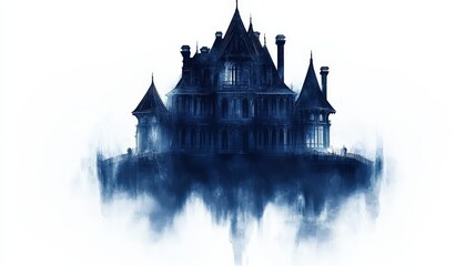 Obraz premium Mysterious Gothic House Shrouded in Fog and Mystery at Night