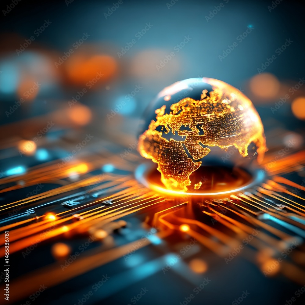 Poster Global Connectivity: A Digital Globe Illuminated on a High-Tech Circuit Board Interface, Representing Data Transmission and Innovation