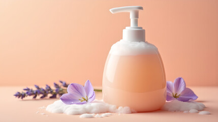Pink lotion pump bottle with flowers on background
