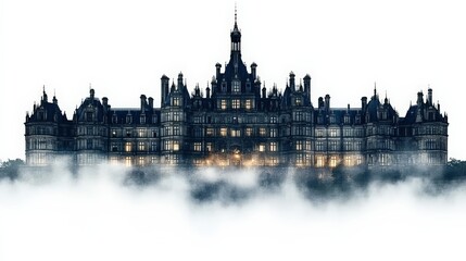 Fototapeta premium Majestic Victorian Castle Emerging from Fog at Twilight Hour