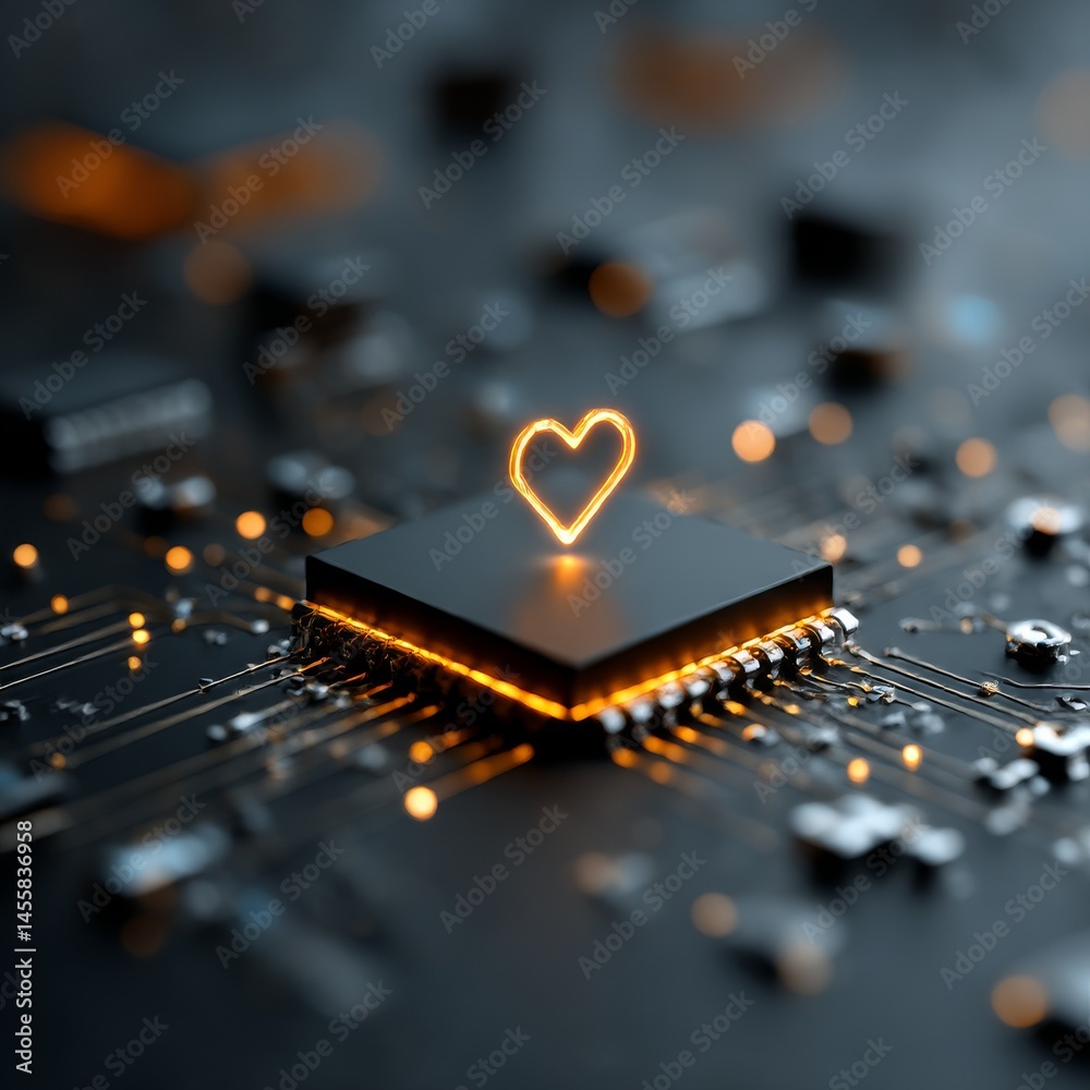 Poster heart on a circuit board: digital love & connection in technology's embrace, signifying artificial i