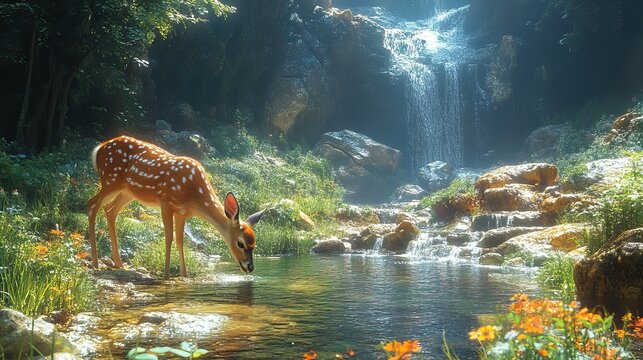 A peaceful scene of a deer drinking water from a clear mountain stream surrounded by lush greenery.