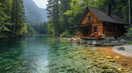 A peaceful scene of a rustic wooden cabin nestled beside a clear, flowing river in a secluded forest.