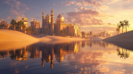 Fototapeta premium Serene Desert Oasis with Majestic Palace and Reflections at Sunset