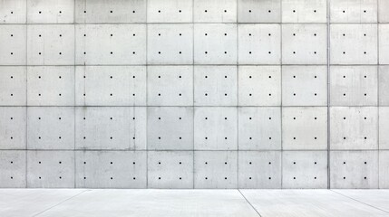 A white concrete wall with evenly spaced black rectangular panels.