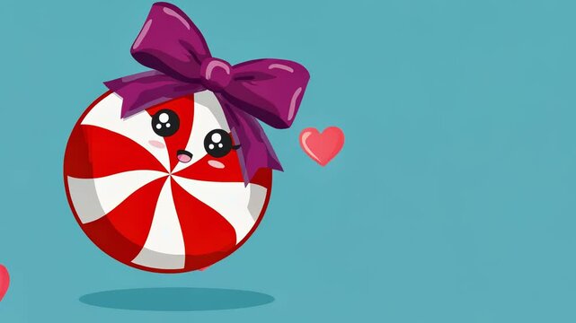 Cartoon character is holding a candy cane with a bow on it. The candy cane is surrounded by hearts