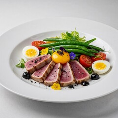 Sliced medium-rare tuna with egg garnish and vegetables on white plate for luxury restaurant menus, food blogs, and culinary education