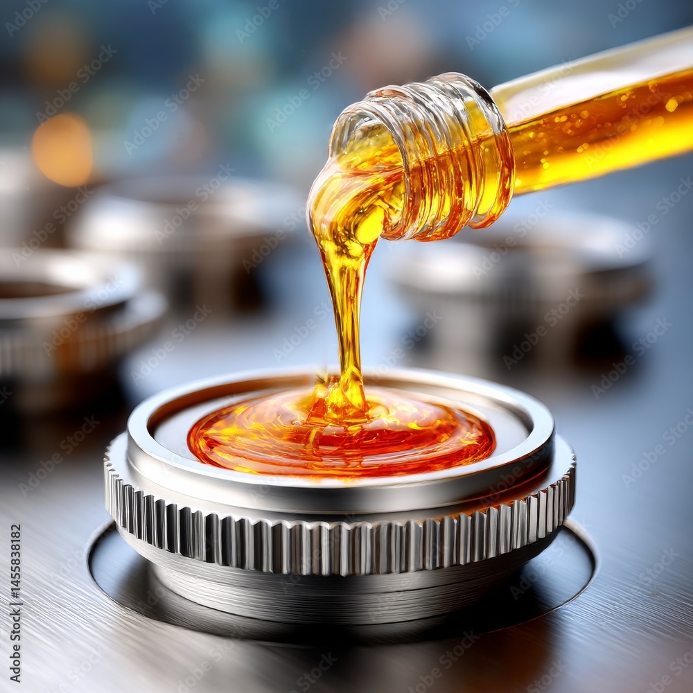 Poster Precision Lubrication: Golden Oil Flowing into a Metallic Component for Smooth Mechanical Function
