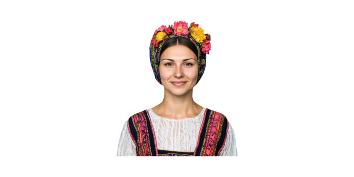 Woman In Traditional Folk Costume With Floral Headband. Cultural Heritage And Fashion Isolated On Transparent Background