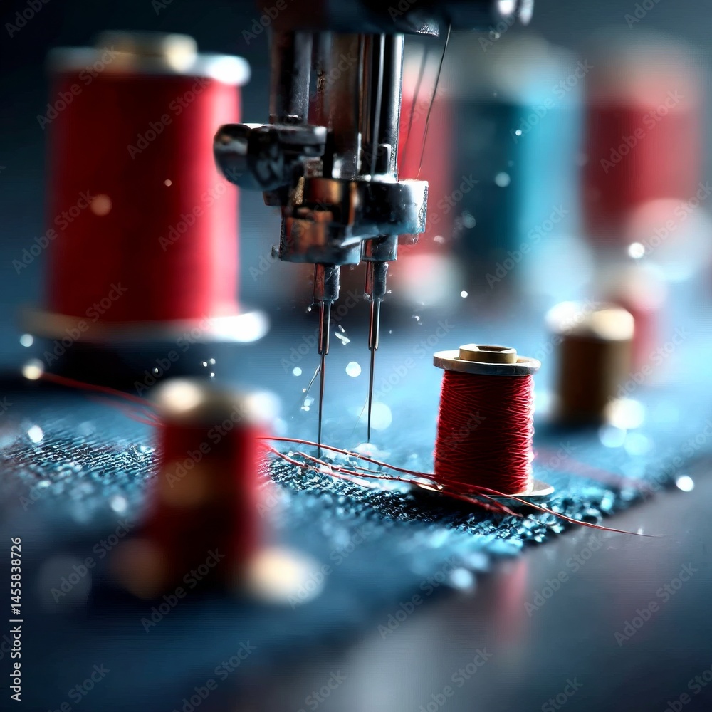 Aufkleber sewing dreams: a close-up view of the sewing machine in action with vivid threads and denim fabric.