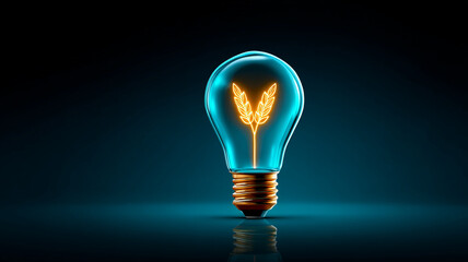 Glowing incandescent light bulb with stylized wheat filament, symbolizing innovation and sustainable agriculture, isolated on dark background, modern and creative concept