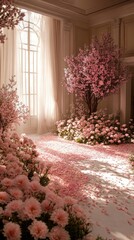 Fototapeta premium A light-filled room adorned with abundant pink flowers and petals, creating a romantic ambiance