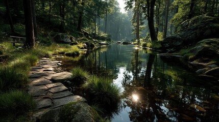 Obraz premium A quiet forest stream with sunlight dappling the water, creating a peaceful and inviting scene.