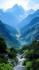 Fototapeta premium Mountain valley, misty peaks, lush greenery
