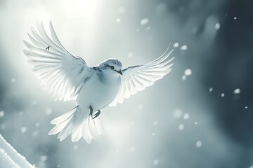 Fototapeta premium Winter bird in flight, snowy background