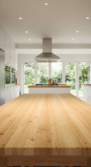 Long Wooden Table in Spacious Kitchen – Ideal for Showcasing Food Products and Appliances