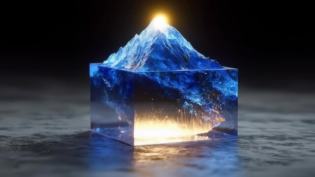 Miniature blue mountain glows inside transparent cube