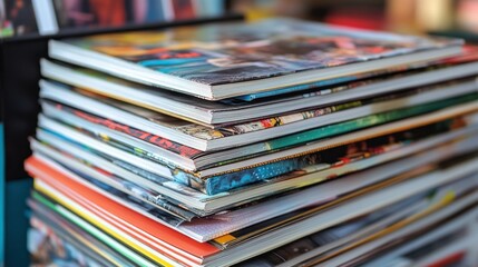 Stacked colorful magazines and comics with vibrant covers and glossy pages arranged in a haphazard pile on a flat surface for reading and entertainment purposes