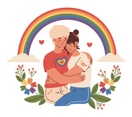 Happy loving lesbian couple embracing under big rainbow. Pride Month. LGBTQ Pride Parade. Vector Illustration. Romantic connection LGBT support image for Pride holiday, unity, diversity and equal love
