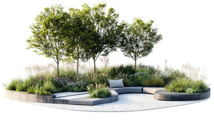 Modern Garden Design with Seating Area and Lush Greenery