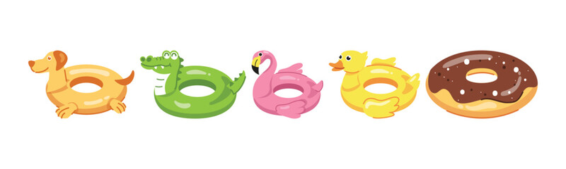 A colorful collection of inflatable pool floats featuring various animals and a chocolate donut, perfect for adding fun and relaxation to your summer swimming pool activities.